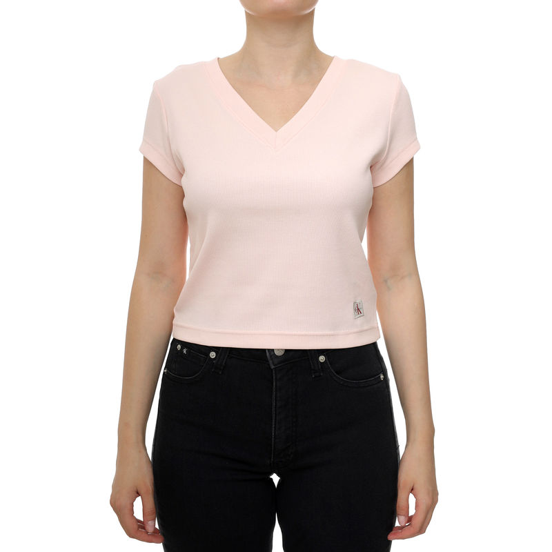 Ženska majica Calvin Klein A- SS WOVEN LABEL RIB VNECK TEE