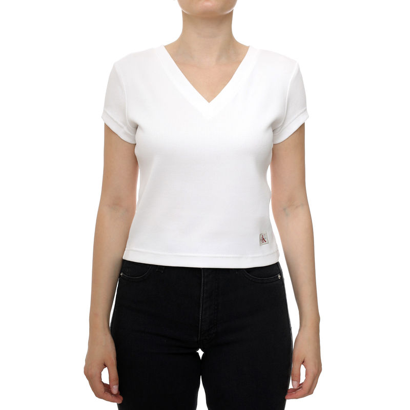 Ženska majica Calvin Klein A- SS WOVEN LABEL RIB VNECK TEE